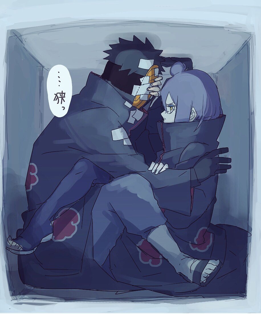 1boy 1girl akatsuki_(naruto) akatsuki_uniform black_coat black_gloves black_hair box coat flower gloves hair_bun hair_flower hair_ornament hetero high_collar in_box in_container jacket konan_(naruto) long_sleeves looking_at_another mask meitarou naruto_(series) naruto_shippuuden pants paper sitting stuck_in_a_box sweat tobi_(naruto) translation_request uchiha_obito