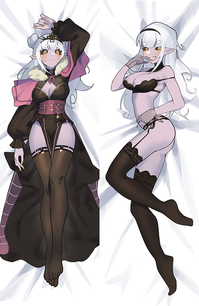 1girl 2025 arthropod_girl black_socks colored_skin dakimakura_(medium) ghosty60 indie_virtual_youtuber insect_girl kumo_kuddelmuddel kumogorogoro lingerie pointy_ears purple_skin socks solo spider_girl toe_socks underwear white_background white_hair
