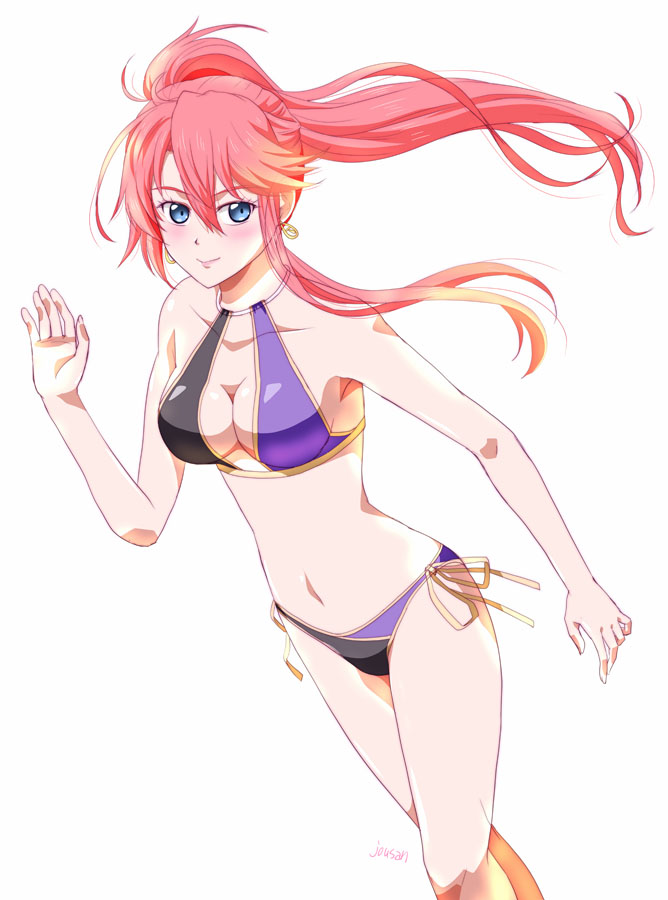 1girl artist_name bikini blue_eyes breasts cleavage double-parted_bangs earrings eiyuu_densetsu floating_hair hair_between_eyes jewelry judith_lanster kuro_no_kiseki_(series) long_sidelocks looking_at_viewer medium_breasts multicolored_hair navel pink_hair ponytail sidelocks simple_background single_sidelock smile solo streaked_hair swimsuit two-tone_hair waving white_background xiacheng_tatsuya