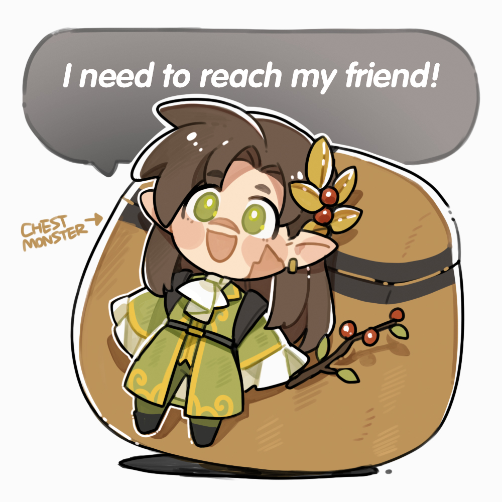 1boy arrow_(symbol) ascot backpack bag belt berry brown_hair chest_(furniture) chibi chibi_only coat cosplay earrings elf english_text food goodtimeswithscar goodtimeswithscar_(elvish) green_coat green_eyes hair_ornament hermitcraft holding holding_food jewelry korok korok_(cosplay) long_hair luminous_slime male_focus minecraft minecraft_youtube nintendo official_alternate_costume official_alternate_hair_length official_alternate_hairstyle open_mouth pointy_ears scar scar_on_face smile solo speech_bubble sweet_berries_(minecraft) the_legend_of_zelda the_legend_of_zelda:_tears_of_the_kingdom white_ascot