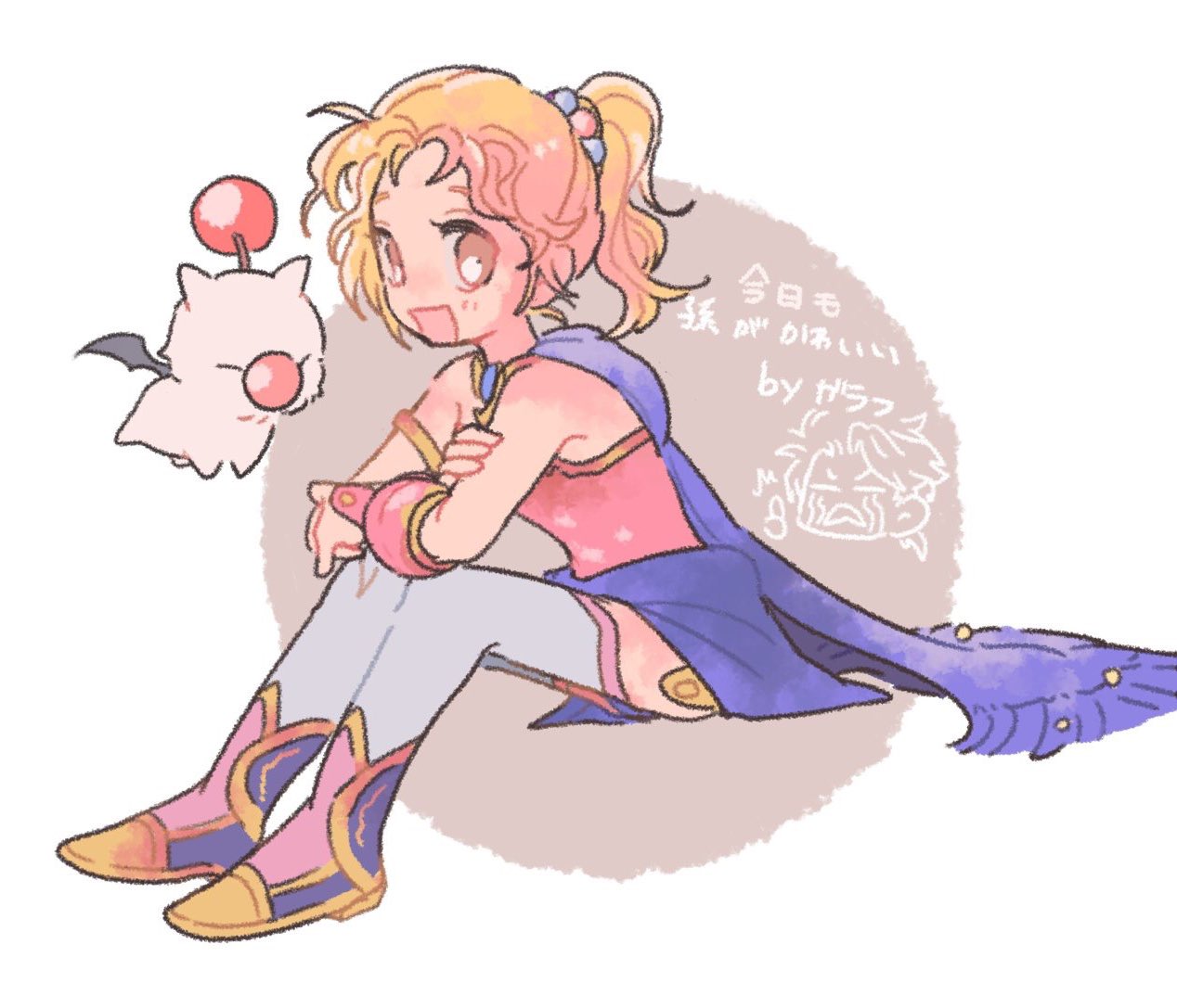 1girl armlet arms_on_knees blonde_hair blue_cape bracelet brown_eyes cape choker creature crossed_arms final_fantasy final_fantasy_v gold_choker gold_necklace hair_ornament high_ponytail jewelry krile_mayer_baldesion_(ff5) leotard moogle necklace open_mouth pink_leotard ponytail sitting smile solo tasituma2 thighhighs translated wavy_hair
