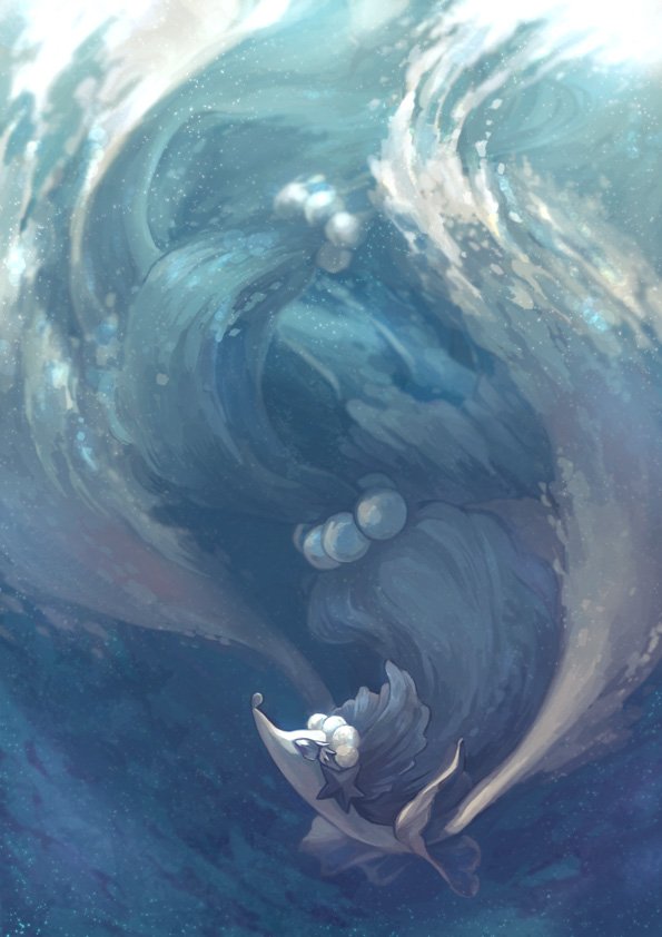 blue_eyes blue_theme commentary_request eyelashes gen_7_pokemon inumura_(inu_noya) long_hair looking_up nintendo no_humans pokemon pokemon_(creature) primarina solo swimming underwater very_long_hair waves