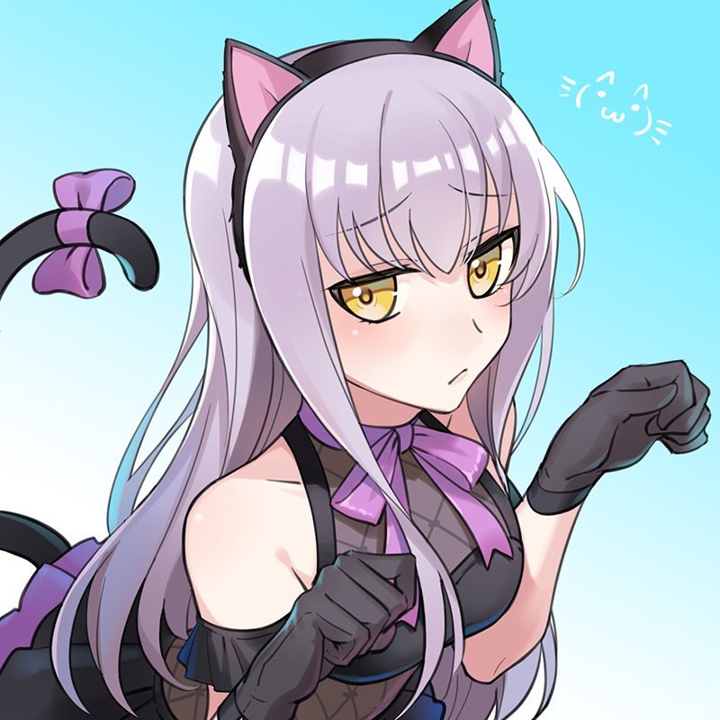 1girl animal_ears bang_dream! black_gloves blue_background bow cat_ears cat_tail embarrassed fake_animal_ears female_focus gloves gradient_background hairband light_purple_hair long_hair minato_yukina nashi_(tidal0414) neck_ribbon paw_pose purple_bow purple_ribbon ribbon solo tail tail_bow tail_ornament yellow_eyes