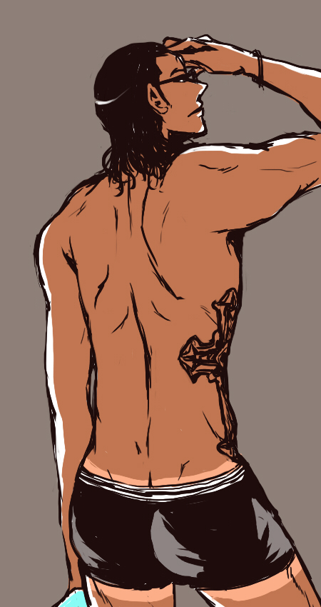 1boy back bespectacled black_hair bleach boxers ginjou_kuugo glasses locoe male_focus male_underwear solo tattoo underwear