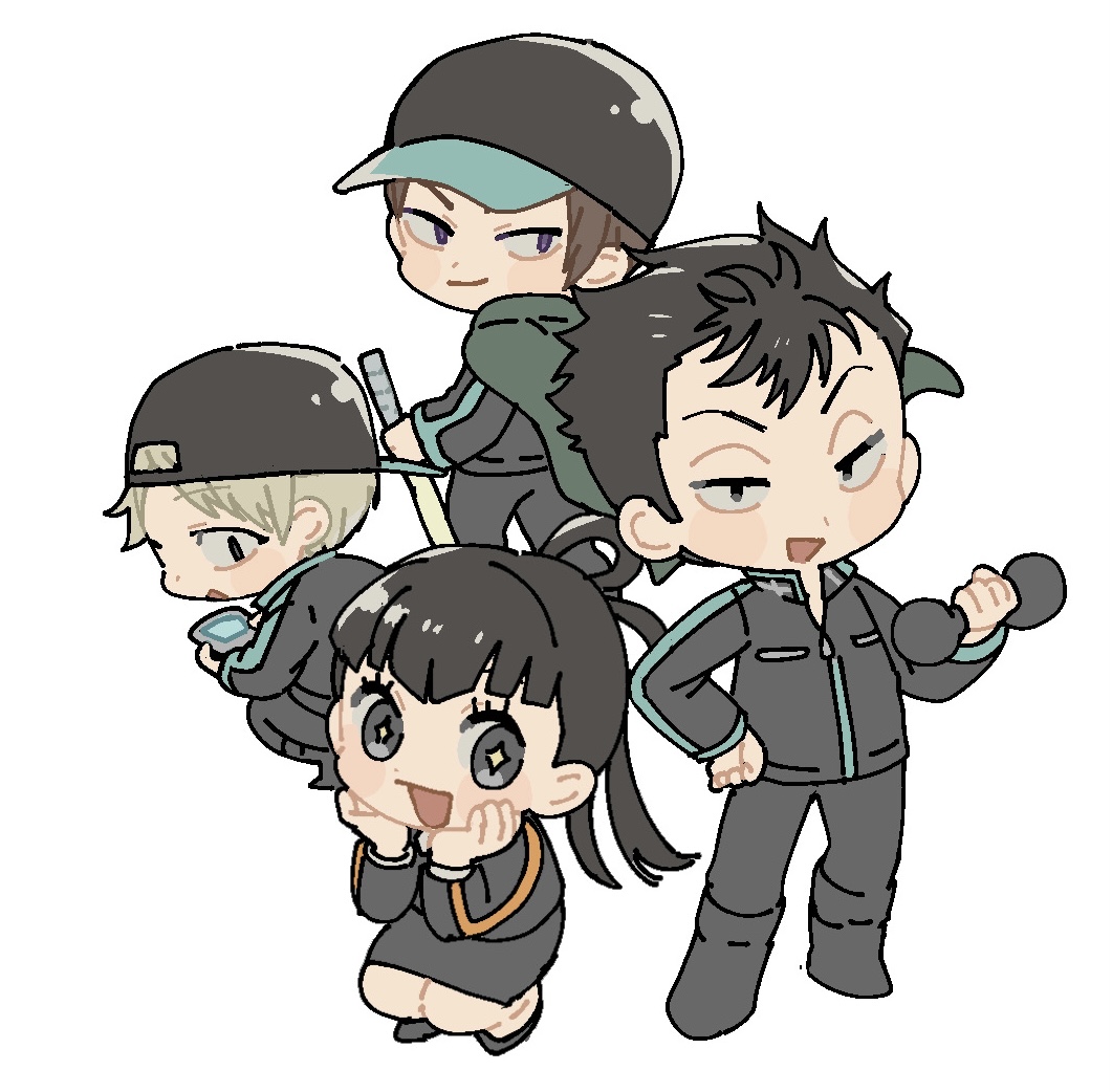 1girl 3boys arafune_tetsuji backwards_hat baseball_cap black_headwear black_jacket black_pants black_skirt blonde_hair boots chibi cloak dumbbell exercising green_cloak hair_rings hands_on_own_cheeks hands_on_own_face hanzaki_yoshito hat hokari_atsushi holding holding_sword holding_weapon jacket kagami_rin knee_boots kuzumiya_yuyu long_hair long_sleeves looking_at_viewer looking_back miniskirt multiple_boys pants pencil_skirt shoes short_hair simple_background skirt skirt_set sparkling_eyes squatting standing sword twintails uniform weapon white_background world_trigger