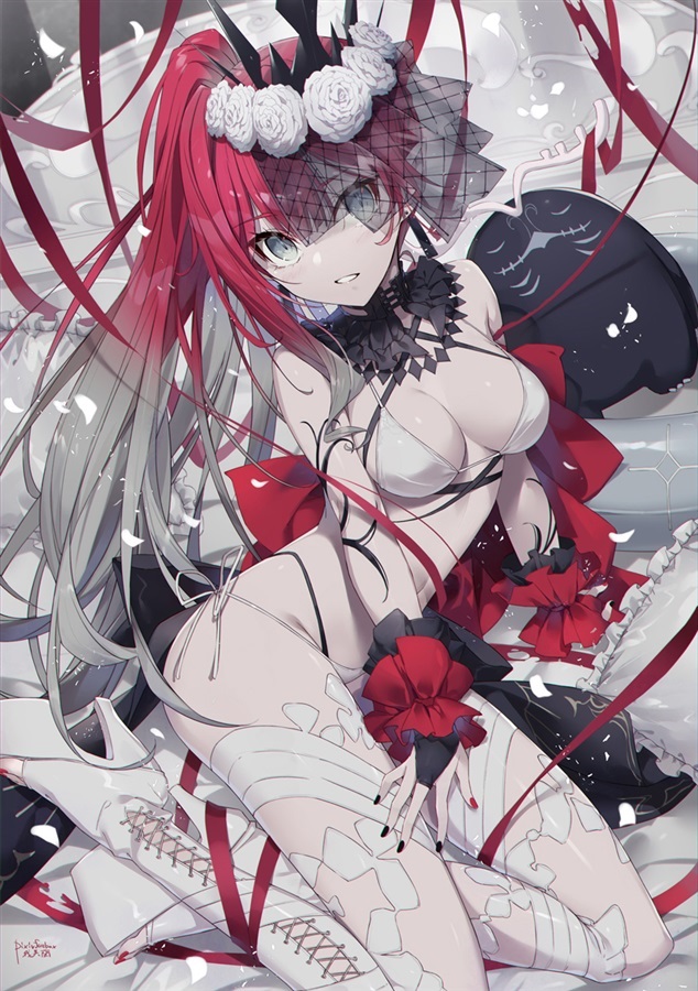 1girl baobhan_sith_(fate) baobhan_sith_(swimsuit_pretender)_(third_ascension)_(fate) bikini black_nails breasts bridal_gauntlets cernunnos_(fate) detached_sleeves earrings fate/grand_order fate_(series) flower gabiran grey_eyes hair_flower hair_ornament jewelry long_hair looking_at_viewer nail_polish navel pink_hair platform_footwear platform_heels red_nails side_ponytail sidelocks sitting smile solo stuffed_toy swimsuit tiara toenail_polish toenails veil white_bikini white_flower white_footwear yokozuwari