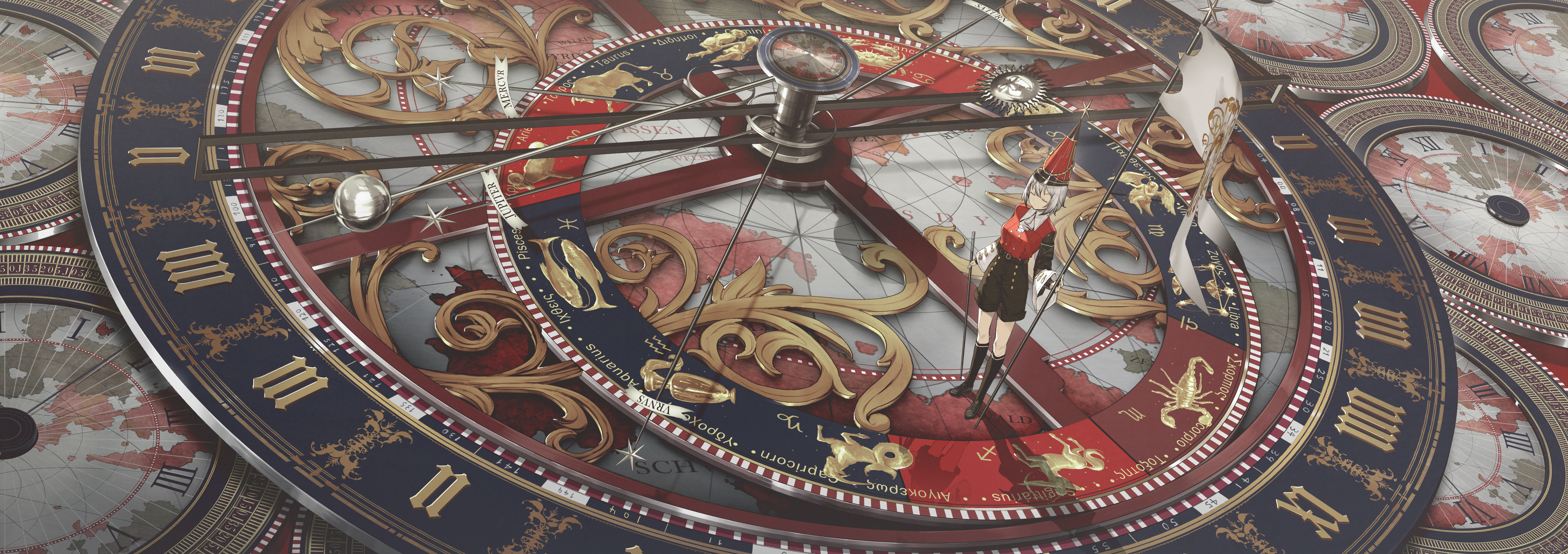 1girl absurdres aquarius_(zodiac) aries_(zodiac) astronomical_clock black_shoes black_shorts black_socks breasts cancer_(zodiac) capricorn_(zodiac) clock closed_eyes commentary english_commentary english_text flag gemini_(zodiac) hat highres holding holding_flag kieed kneehighs leo_(zodiac) libra_(zodiac) long_sleeves map medium_breasts original pisces_(zodiac) red_hat red_shirt sagittarius_(zodiac) scorpio_(zodiac) shirt shoes short_hair shorts socks solo standing taurus_(zodiac) virgo_(zodiac) white_hair wide_shot wide_sleeves zodiac