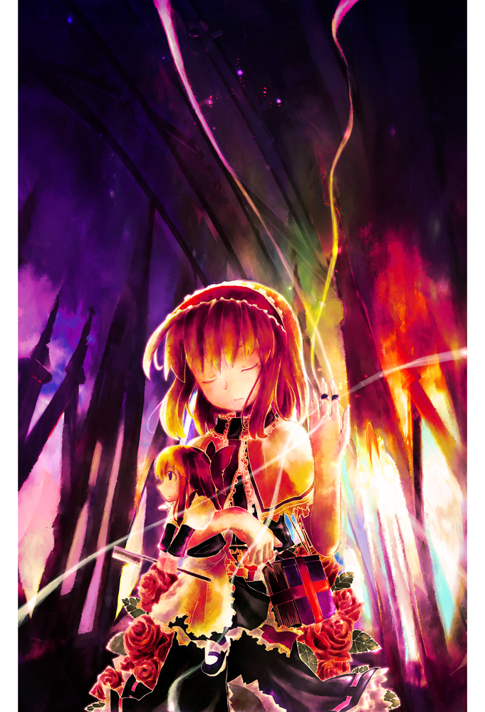 1girl alice_margatroid bad_id bad_pixiv_id blonde_hair book capelet doll hugging_doll closed_eyes female_focus flower grimoire grimoire_of_alice hairband jewelry hugging_object orange_hair puppet_rings puppet_strings red_flower red_rose ring rose shanghai_doll short_hair solo touhou ukihashi ukihashi_kei