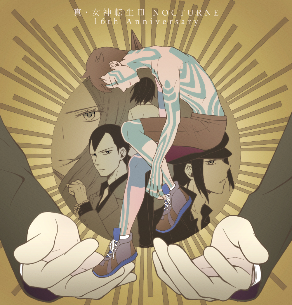 2girls 4boys black_hair black_hat black_shorts body_markings bracelet brown_hair closed_eyes demi-fiend disembodied_hand fetal_position from_behind from_side full-body_tattoo full_body giant_hand hat hikawa_(megami_tensei) horns jewelry layered_sleeves long_hair long_sleeves looking_at_viewer lucifer_(megami_tensei) mitaka0205 multiple_boys multiple_girls nitta_isamu shin_megami_tensei shin_megami_tensei_iii:_nocturne shoes short_hair shorts single_horn sneakers tachibana_chiaki_(megami_tensei) takao_yuko tattoo topless_male yellow_background