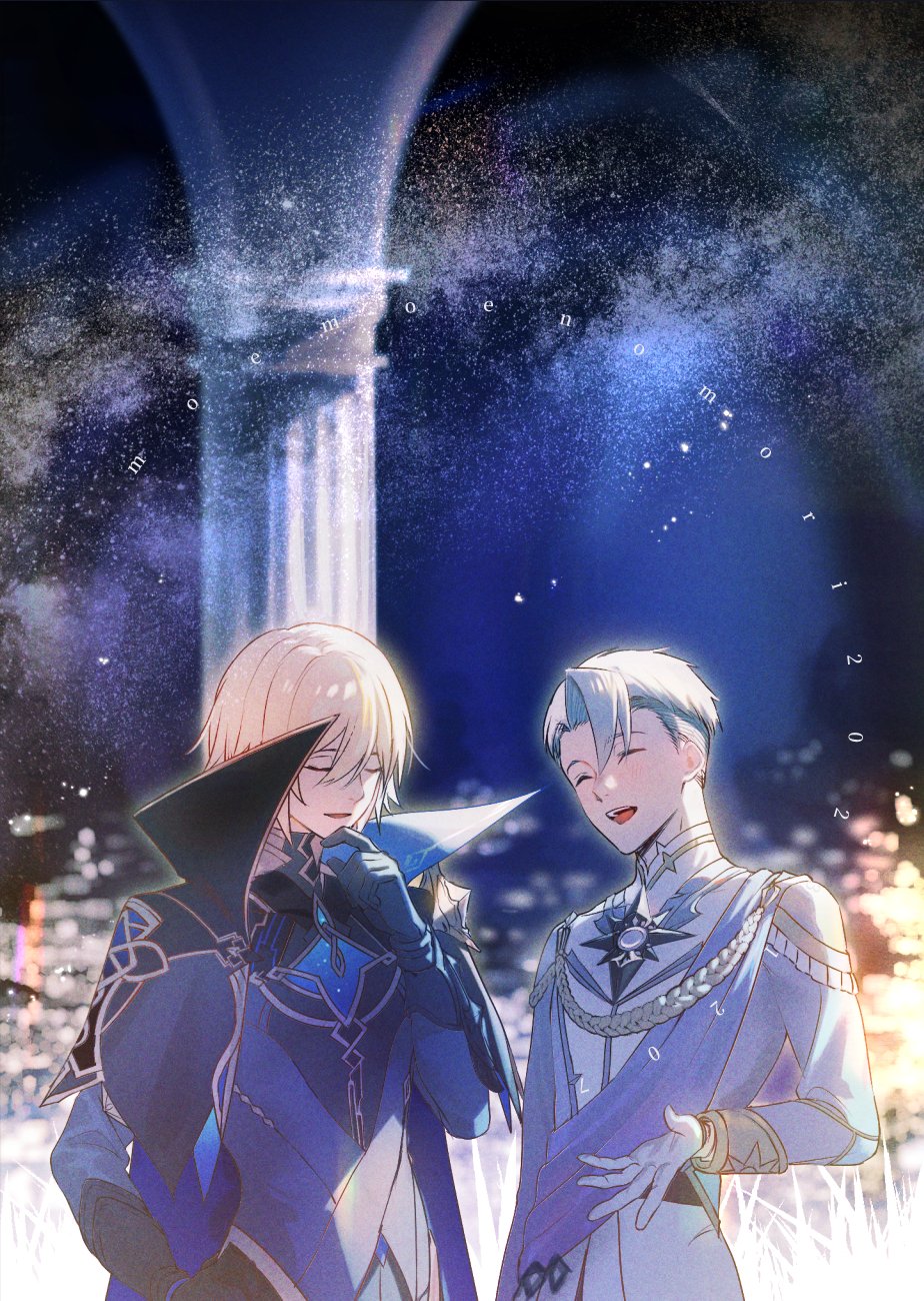 2boys :d aiguillette artist_name black_cape black_gloves black_jacket blonde_hair blurry blurry_background bokeh cape closed_eyes collared_cape column dainsleif_(genshin_impact) dated depth_of_field genshin_impact gloves gold_trim grass grey_hair grey_shirt hair_between_eyes halfdan_(genshin_impact) hand_on_own_chin hand_up happy highres jacket laughing long_sleeves male_focus moemoenomori multicolored_shirt multiple_boys open_mouth pillar popped_collar shirt short_hair smile teeth undercut upper_teeth_only white_gloves white_shirt