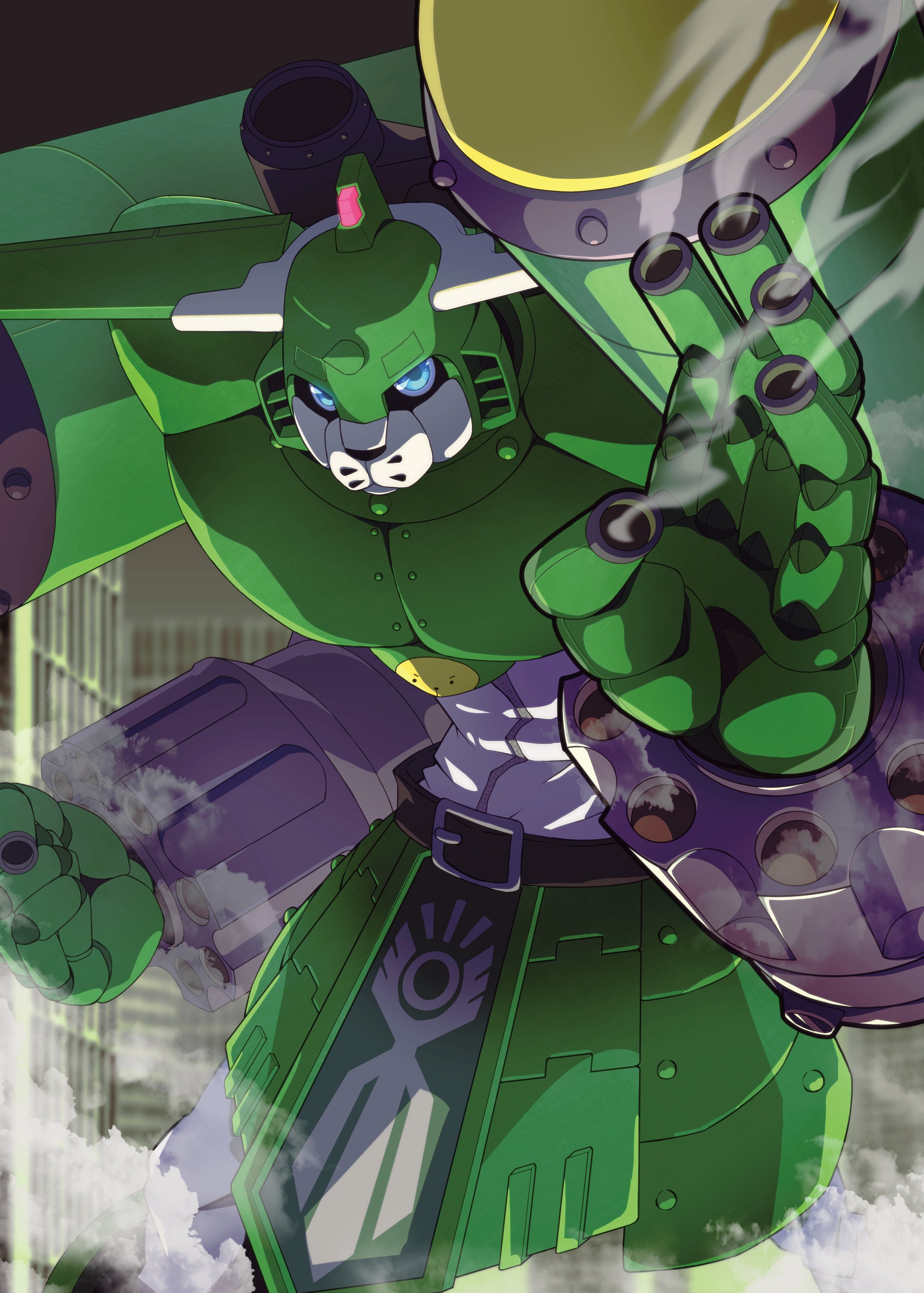1boy absurdres building clenched_hand cowboy_shot digimon digimon_(creature) digimon_tamers fighting_stance finger_cannon green_eyes gun harry_m_kotarow highres male_focus mecha outdoors robot saintgalgomon skyscraper smoke smoking_barrel solo weapon