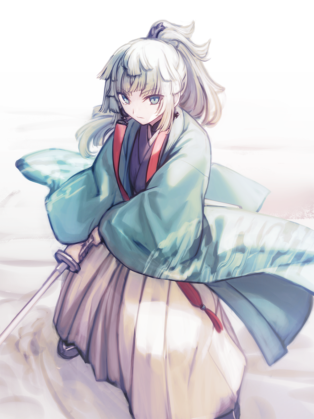 1girl black_kimono breasts earrings fate/samurai_remnant fate_(series) green_eyes green_kimono hakama hakama_skirt highres japanese_clothes jewelry katana kimono long_hair long_sleeves looking_at_viewer medium_breasts ponytail shoori_(migiha) sidelocks skirt solo sword weapon white_hair white_hakama wide_sleeves yui_shousetsu_(fate)