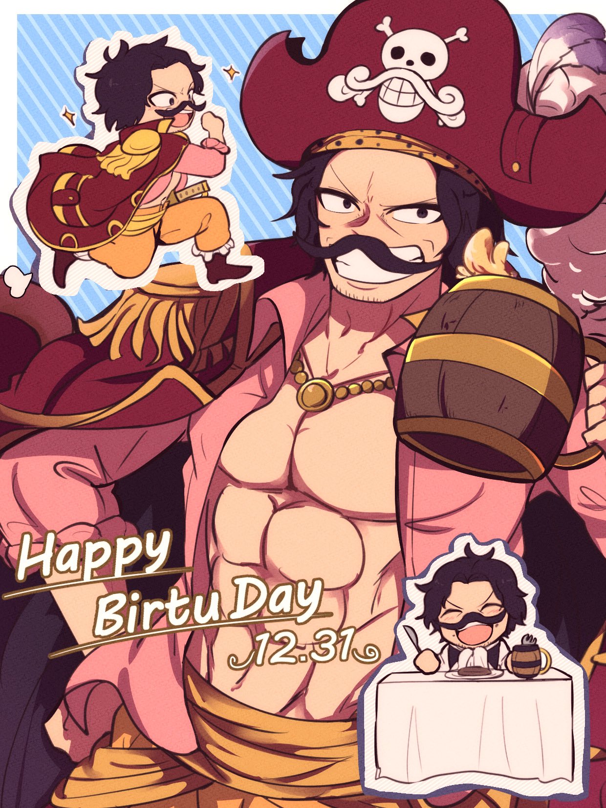 1boy ascot beard_stubble black_hair blue_background boots commentary_request dated eating epaulettes facial_hair gol_d._roger hand_on_own_hip happy_birthday hat hat_feather highres hottori_yangu jewelry male_focus multiple_views mustache necklace one_piece open_clothes open_shirt pink_shirt pirate_hat sash shirt short_hair smile solo sparkle stubble white_ascot yellow_sash