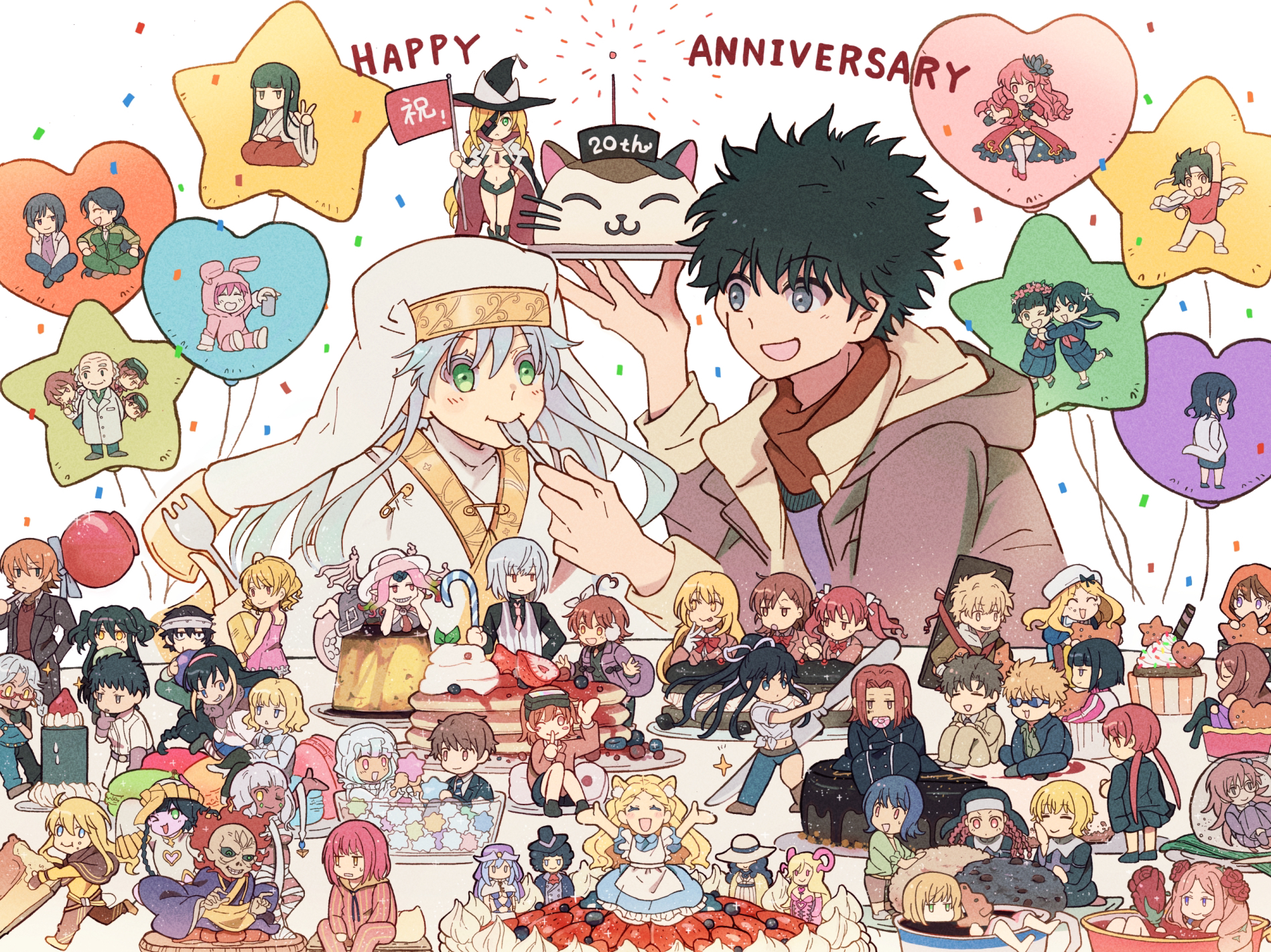 6+boys 6+girls accelerator_(toaru_majutsu_no_index) agnese_sanctis ahoge alice_anotherbible animal_ears anna_sprengel anniversary aradia_(toaru) bald balloon black_hair blonde_hair blue_eyes blue_hair blush bologna_succubus_(toaru) bow braid breasts brown_eyes brown_hair cake candy candy_apple candy_cane chinese_clothes cookie cup cupcake earmuffs etzali fiamma_of_the_right finger_to_mouth flag flower food fork frenda_seivelun fruit glasses gokusai_kaibi good_old_mary_(toaru_majutsu_no_index) green_eyes grey_eyes grey_hair hair_bow hair_flower hair_ornament hair_ribbon hairband hamazura_shiage hat head_wreath heart_balloon heaven_canceller high_priest_(toaru_majutsu_no_index) highres himegami_aisa hirai_(kagamine) holding holding_food index_(toaru_majutsu_no_index) itsuwa japanese_clothes jiangshi kakine_teitoku kamijou_touma kamisato_kakeru kanzaki_kaori kazakiri_hyouka kihara_kagun kihara_yuiitsu kinuhata_saiai kneeling knife konpeitou lab_coat last_order_(toaru_majutsu_no_index) laura_stuart leivinia_birdway lessar macaron marian_slingeneyer meigo_arisa midriff misaka_imouto misaka_mikoto misaka_worst mjolnir_(toaru_majutsu_no_index) mugino_shizuri multiple_boys multiple_girls mummy musujime_awaki navel necktie nephtys niang-niang night_vision_device one_eye_closed open_mouth orsola_aquinas othinus pancake pink_eyes pink_hair pudding qliphah_puzzle_545 red_eyes red_flower red_hair red_rose ribbon rose safety_pin sakugawa_school_uniform salome_(toaru_majutsu_no_index) saten_ruiko school_uniform shirai_kuroko shokuhou_misaki shushing sitting skirt smile sogiita_gunha star_balloon stiyl_magnus strawberry sunglasses takitsubo_rikou thor_(toaru_majutsu_no_index) toaru_majutsu_no_index trismegistus_(toaru) tsuchimikado_motoharu tsukuyomi_komoe uiharu_kazari unabara_mitsuki vest white_hair wings yellow_eyes yobou_banka yomikawa_aiho yoshikawa_kikyou yumiya_rakko