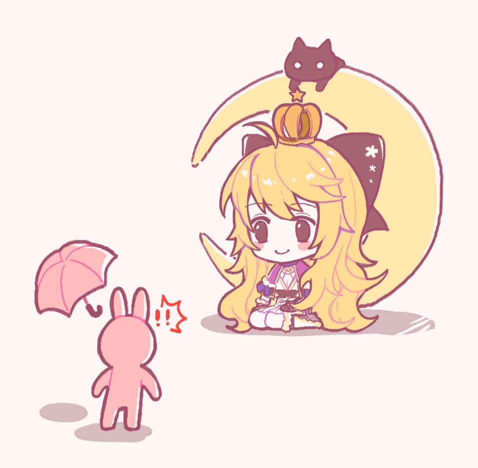 ! !! 1girl arch_mage_(ragnarok_online) black_bow black_cat black_eyes blonde_hair bow capelet cat chibi chibi_only chinese_commentary closed_mouth commentary_request crown dress full_body fur-trimmed_capelet fur_trim grey_background hair_bow long_hair looking_at_viewer on_crescent pink_umbrella purple_capelet ragnarok_online simple_background smile solo umbrella very_long_hair w051 white_dress
