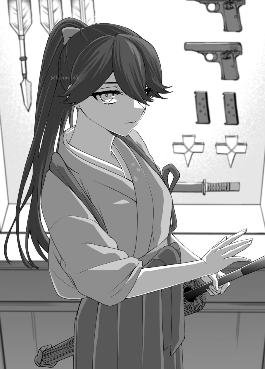 1girl arrow_(projectile) closed_mouth greyscale gun hair_between_eyes hakama handgun highres holding holding_umbrella houshou_(kancolle) japanese_clothes kantai_collection kimono long_hair looking_at_viewer machi_(ritovoyage) monochrome oil-paper_umbrella ponytail shikigami solo tasuki twitter_username umbrella weapon weapon_rack