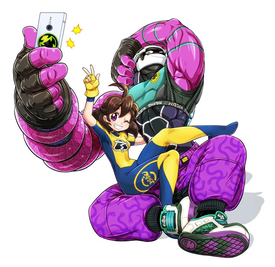 1boy 1girl ahoge animal_print arms_(game) bida black_gloves bodysuit brown_hair cellphone fingerless_gloves gloves green_eyes grin helmet kid_cobra mask mechanica_(arms) muscular muscular_male one_eye_closed pants phone purple_eyes purple_pants selfie shoes simple_background sitting sitting_on_lap sitting_on_person smartphone smile snake_print sneakers v white_background white_footwear yellow_gloves