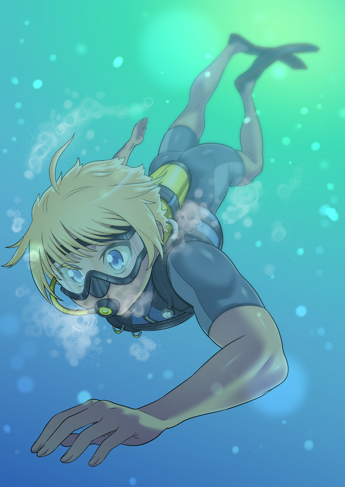 1girl ahoge ass asu_rito blonde_hair blue_eyes diving diving_mask female_focus full_body goggles kjech perspective scuba scuba_gear scuba_tank short_hair solo underwater water yandere_simulator