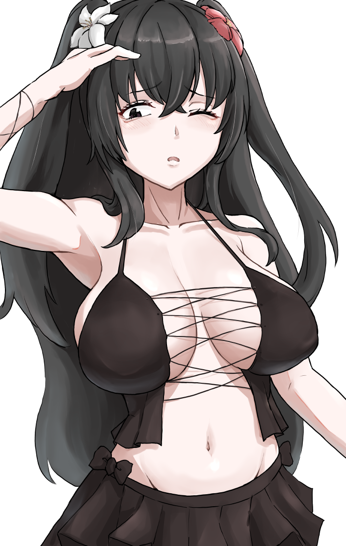 1girl azur_lane bikini bikini_skirt black_bikini black_eyes black_hair black_skirt breasts cross-laced_bikini cross-laced_clothes flower fubuki_(senran_kagura) fubuki_(sunset_witch)_(senran_kagura) groin hair_between_eyes hair_flower hair_ornament large_breasts long_hair looking_at_viewer navel niceratus_kiotensis official_alternate_costume one_eye_closed open_mouth red_flower senran_kagura simple_background skirt solo stomach swimsuit two_side_up upper_body wavy_hair white_background white_flower