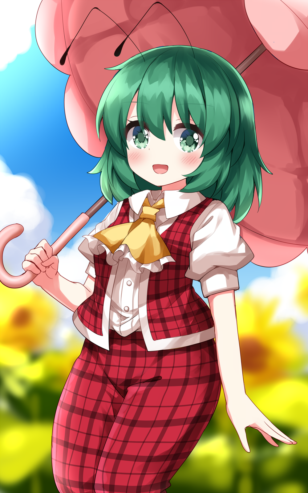 1girl antennae ascot blurry blush collared_shirt commentary_request cosplay depth_of_field field flower flower_field green_eyes green_hair highres holding holding_umbrella kazami_yuuka kazami_yuuka_(cosplay) kazami_yuuka_(pc-98) long_hair looking_at_viewer open_clothes open_mouth open_vest pants parasol plaid_clothes plaid_pants plaid_vest puffy_short_sleeves puffy_sleeves red_pants red_vest ruu_(tksymkw) shirt short_sleeves skirt skirt_set smile solo sunflower sunflower_field touhou touhou_(pc-98) umbrella vest white_shirt wriggle_nightbug yellow_ascot