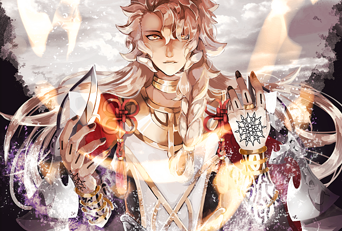 1boy black_nails bracelet braid dark-skinned_male dark_skin fate/grand_order fate_(series) h_az_e hair_between_eyes hand_tattoo jewelry long_hair looking_at_viewer male_focus open_mouth parted_lips ring solo solomon_(fate) tattoo upper_body white_hair yellow_eyes