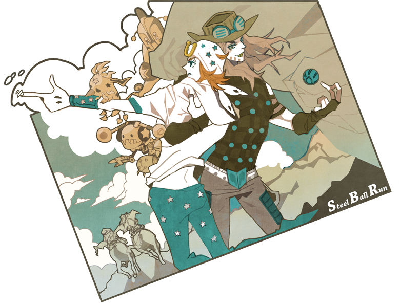 2boys ball ball_breaker_(stand) gyro_zeppeli hat johnny_joestar jojo_no_kimyou_na_bouken kuroihato multiple_boys pointing stand_(jojo) steel_ball_run tusk_(stand) tusk_act1 tusk_act2 tusk_act3