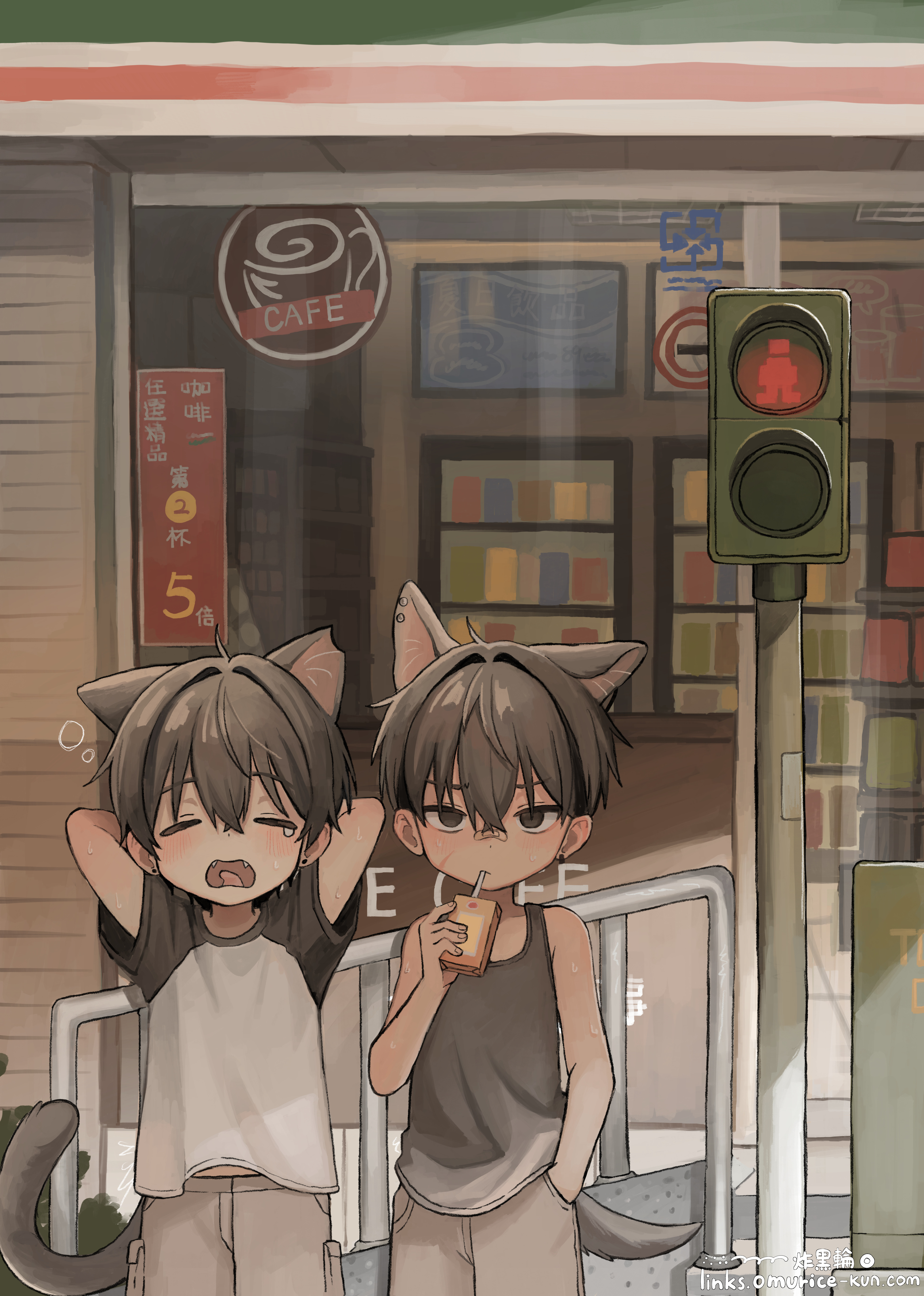 2boys absurdres animal_ear_piercing animal_ears arms_behind_head bandaid bandaid_on_face bandaid_on_nose black_eyes black_hair black_tank_top cafe cat_boy cat_ears cat_tail child dog_boy dog_ears dog_tail dot_nose drinking earrings extra_ears facial_scar fangs grey_shirt hair_between_eyes hair_intakes highres jewelry juice_box male_focus multiple_boys notched_ear omurice_(roza4957) open_mouth original outdoors scar scar_on_cheek scar_on_face shirt short_hair single_earring standing stud_earrings tail tank_top yawning