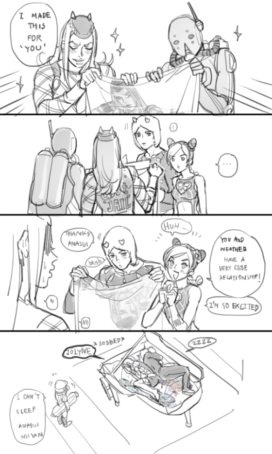 4koma blush braid comic crying diver_down_(stand) double_bun emphasis_lines emporio_alnino english_text closed_eyes greyscale hat holding horns instrument jojo_no_kimyou_na_bouken kuujou_jolyne long_hair monochrome multicolored_hair narciso_anasui open_mouth piano pillow reammara single_braid sleeping smile sparkle stand_(jojo) stone_ocean sweat tattoo two-tone_hair weather_report zzz