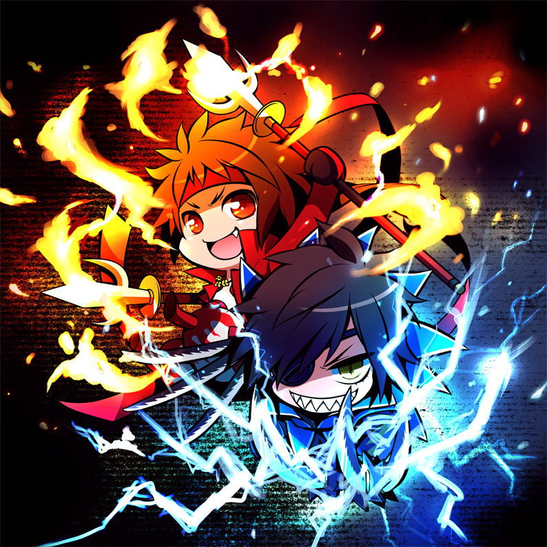 2boys brown_hair chibi chibi_only date_masamune_(sengoku_basara) dual_wielding eyepatch fang fire grin headband holding holding_polearm holding_sword holding_weapon katana lightning male_focus multiple_boys multiple_wielding no_headwear polearm red_eyes red_headband sanada_yukimura_(sengoku_basara) sengoku_basara sharp_teeth short_hair slit_pupils smile spear sword teeth warabi_(waradoko) weapon yellow_eyes