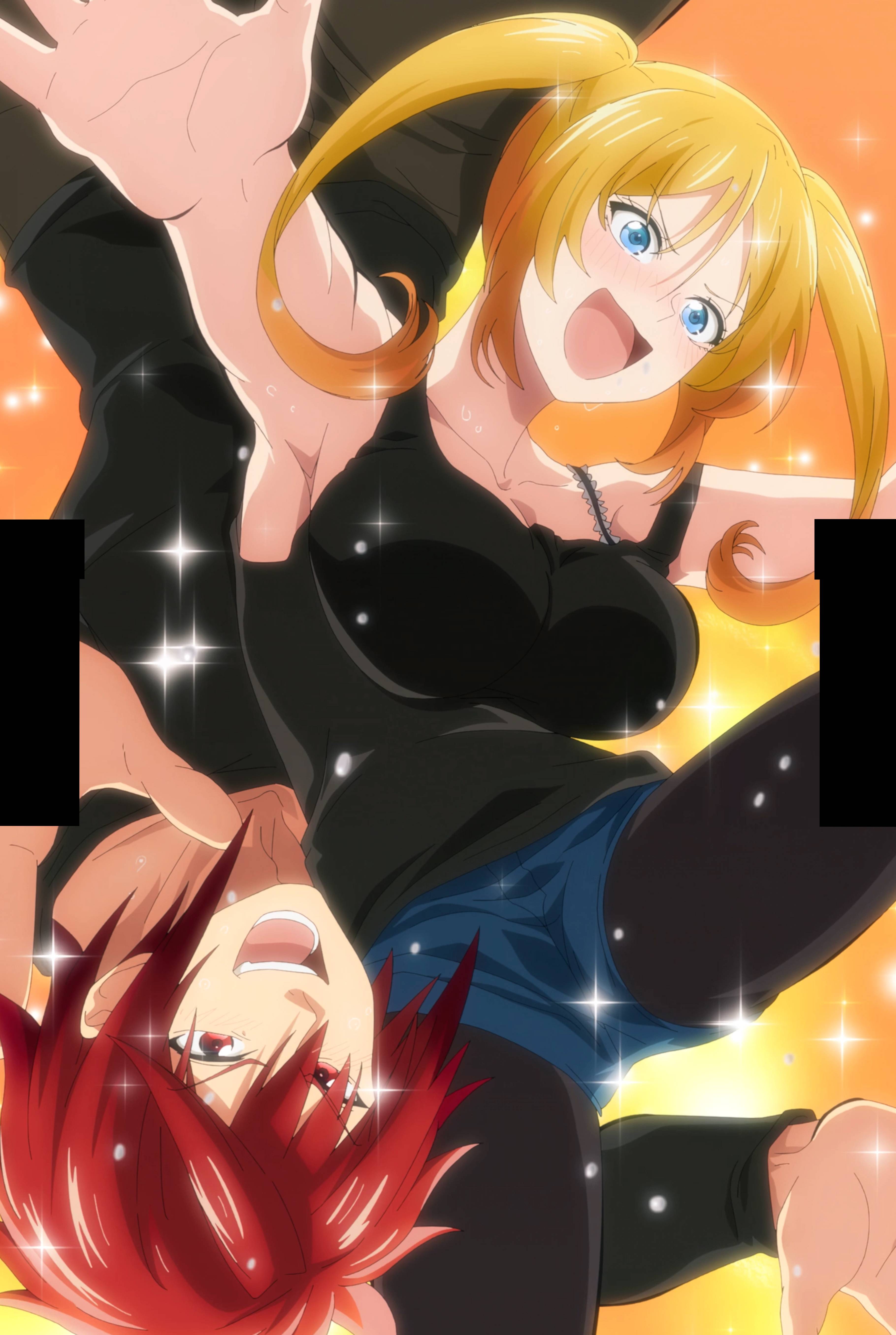 1boy 1girl absurdres akagami_akemitsu anime_screenshot armpits black_pantyhose black_shirt blonde_hair blue_eyes blue_shorts blush breasts cleavage collarbone highres large_breasts long_sleeves mia_christoph open_mouth pantyhose red_eyes red_hair shirt short_shorts short_twintails shorts sideboob stitched teeth temple_(series) thighs third-party_edit tongue twintails