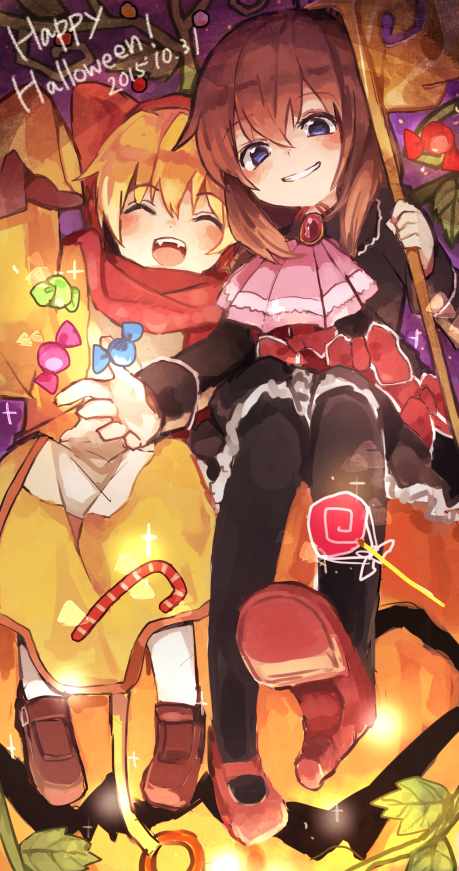 10s 1boy 1girl 2015 ^_^ animal_ears ascot black_pantyhose blonde_hair blue_eyes brown_hair candy candy_cane closed_eyes dated dress fangs food grin halloween happy_halloween lion_ears lollipop long_sleeves maria_(umineko) nuancho open_mouth pantyhose sakutarou_(umineko) sitting sleeves_past_wrists smile staff umineko_no_naku_koro_ni ushiromiya_maria