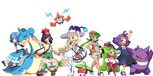 5girls :d :o ;d ^_^ acerola_(pokemon) arm_up armpits bag baggy_pants bare_arms bare_legs bare_shoulders beak beanie berry berry_(pokemon) bird black_eyes black_hair blonde_hair blouse blue_eyes blue_footwear blue_hair blue_one-piece_swimsuit blue_pants blue_sailor_collar blunt_bangs blush blush_stickers bounsweet bowl bracelet braid breasts bright_pupils capri_pants closed_eyes closed_mouth collarbone collared_dress colored_sclera cosmog creatures_(company) crop_top crossed_legs crown dark-skinned_female dark_skin dress duffel_bag elite_four eyelashes fins flat_chest flipped_hair flippers floral_print flower full_body game_freak gen_1_pokemon gen_4_pokemon gen_7_pokemon gengar green_eyes green_footwear green_hair green_shorts grin groin hair_flower hair_ornament hairband half-closed_eyes half_updo hand_on_own_hip handbag hat headband headpat holding holding_bowl horns jewelry kneehighs lana_(pokemon) lapras leaf leg_up legendary_pokemon lillie_(pokemon) long_hair looking_away looking_to_the_side mallow_(pokemon) medium_breasts mini_crown multiple_girls navel nintendo on_head one-piece_swimsuit one_eye_closed open_mouth outstretched_arm overalls owl pants parted_bangs pixel_art poke_ball_theme pokedex pokemon pokemon_(creature) pokemon_sm purple_eyes purple_hair red_eyes red_hat red_legwear red_sclera riding riding_pokemon rotom rotom_dex rowlet sailor_collar sandals see-through_clothes selene_(pokemon) shirokuro_(oyaji) shirt shoes short_hair short_sleeves shorts sidesaddle simple_background single_horn sitting sleeveless sleeveless_dress sleeveless_shirt smile sneakers socks spoon standing standing_on_one_leg stitches sun_hat sundress swimsuit swimsuit_under_clothes thighhighs tied_shirt tongue torn_clothes torn_dress torn_sleeves tri_tails trial_captain tsareena twin_braids twintails walking watson_cross white_background white_dress white_hat white_legwear white_shirt wings yellow_shirt z-ring