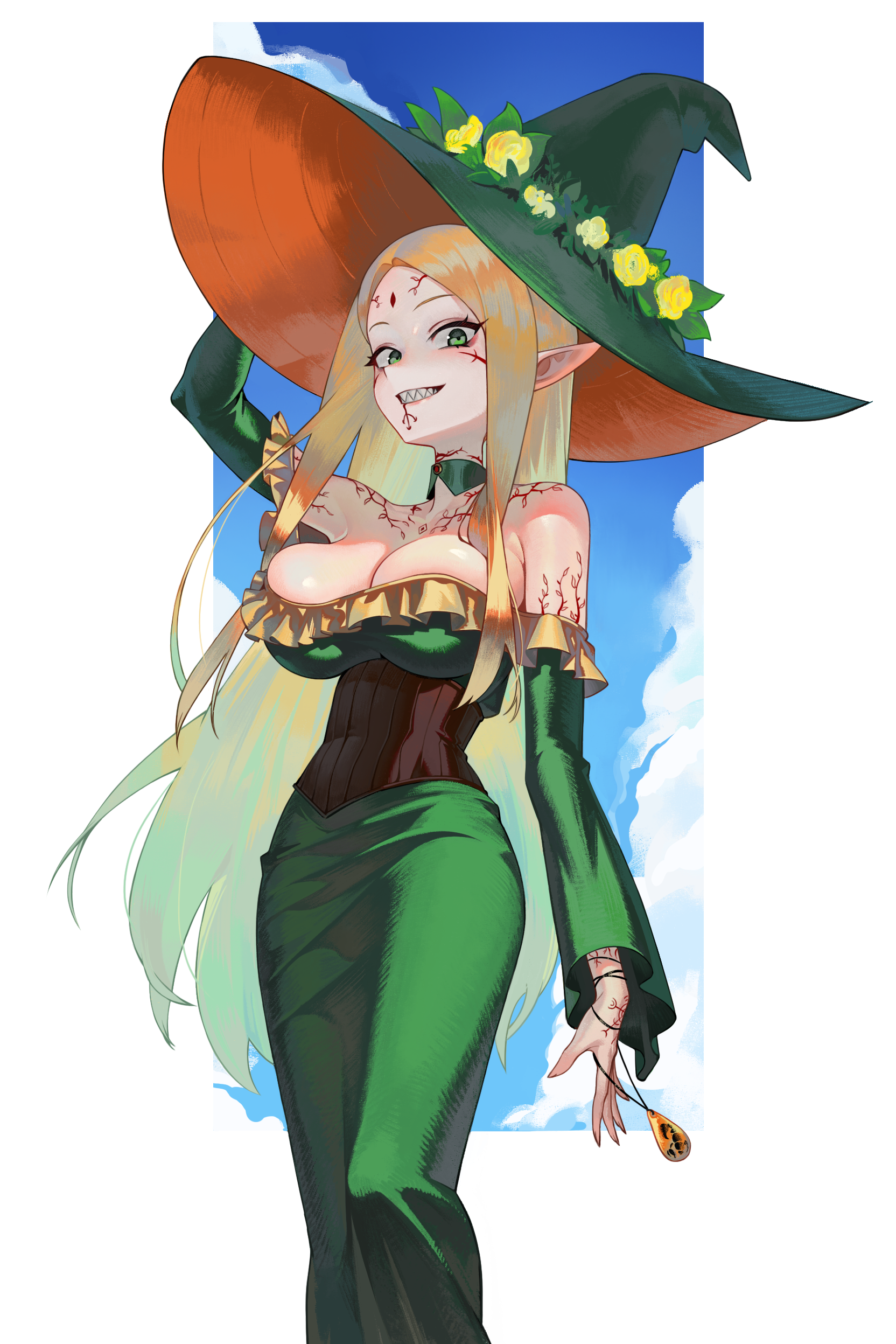 1girl absurdres black_corset blonde_hair blue_sky body_markings border breasts choker cleavage cloud cloudy_sky commentary corset dress elf facial_mark feet_out_of_frame flower forehead_mark frilled_dress frills gemi_ningen green_choker green_dress green_eyes green_hat hat hat_flower highres large_breasts long_hair looking_at_viewer off-shoulder_dress off_shoulder original outside_border pathfinder pointy_ears sharp_teeth sky smile solo standing teeth white_border witch witch_hat yellow_flower