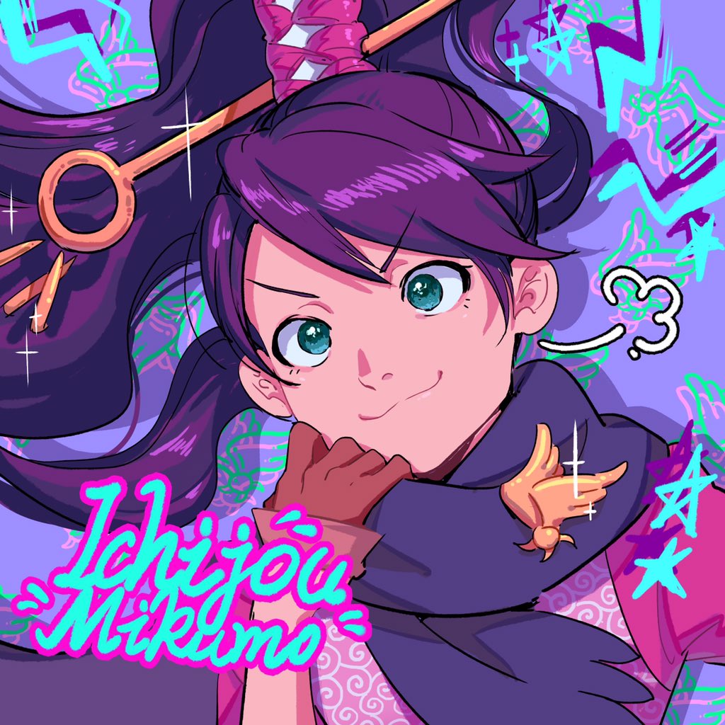 1girl :3 ace_attorney ace_attorney_investigations bad_id bad_twitter_id blue_scarf brown_gloves character_name closed_mouth commentary english_commentary gloves green_eyes hair_ornament hand_up high_ponytail inactive_account karakusa_(pattern) kay_faraday key key_hair_ornament long_hair looking_at_viewer ponytail puff_of_air purple_hair scarf smile solo sparkle upper_body v-shaped_eyebrows vivi95862484