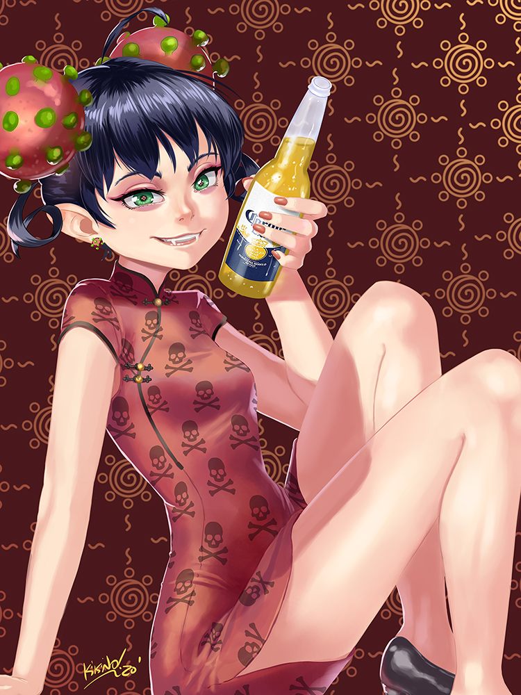 1girl :3 ahoge alcohol arm_support artist_name beer beer_bottle black_footwear black_hair bottle breasts brown_background bun_cover china_dress chinese_clothes commentary corona-chan corona_(brand) coronavirus dated demon_girl double_bun dress drink earrings english_commentary eyelashes fangs foot_out_of_frame green_eyes grin hair_bun hair_up hands_on_ground high_heels holding holding_bottle holding_drink hoop_earrings jewelry kikino knees_up looking_at_viewer nose parted_lips personification pointy_ears print_dress pumps red_dress red_nails red_pupils short_dress short_sleeves signature sitting skull_and_crossbones small_breasts smile solo spiral thighs toggles