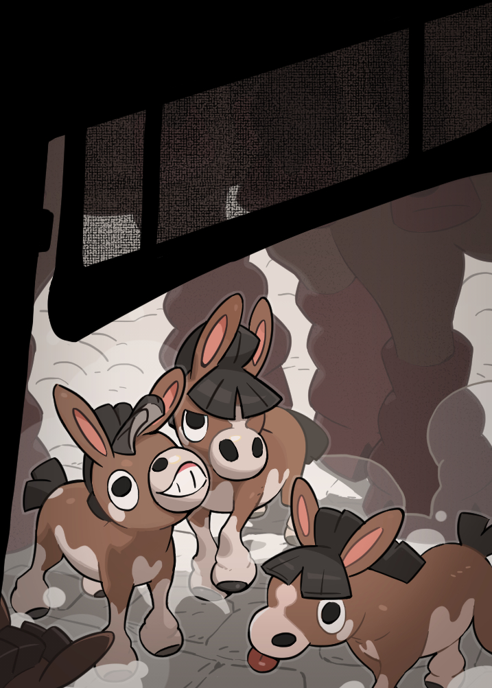 b2b_beetoboo black_hair brown_fur evolutionary_line gen_7_pokemon mudbray mudsdale nintendo no_humans pokemon pokemon_(creature) tongue tongue_out two-tone_fur