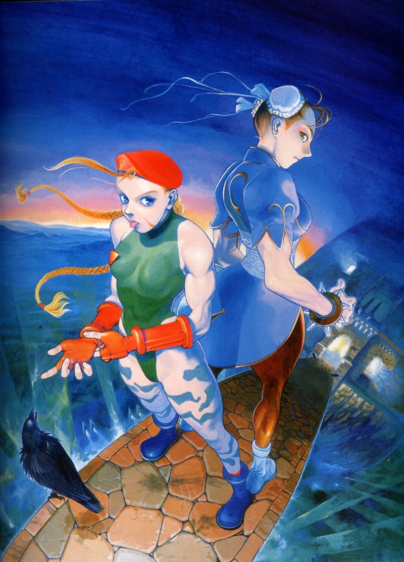 1990s_(style) 2girls :p adjusting_clothes adjusting_gloves ahoge antenna_hair back-to-back bengus beret bird blonde_hair blue_eyes boots bracelet braid bridge brown_eyes brown_hair bun_cover cammy_white capcom china_dress chinese_clothes chun-li crow double_bun dress female_focus fingerless_gloves gloves green_leotard hair_bun hat jewelry leotard multiple_girls muscular official_art pantyhose pelvic_curtain perspective retro_artstyle scar scotland spiked_bracelet spikes street_fighter street_fighter_ii_(series) thick_thighs thighs tongue tongue_out twin_braids