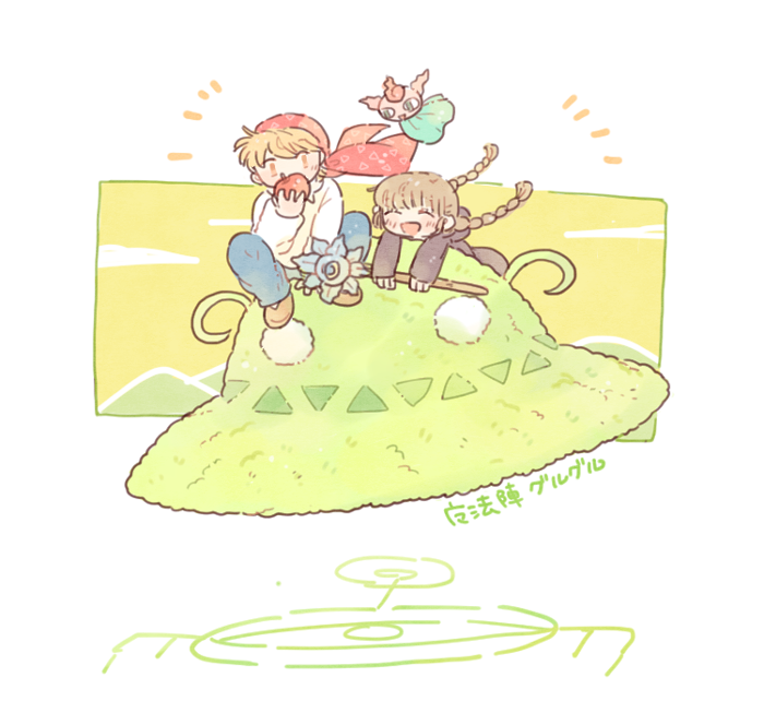 1boy 1girl ^_^ apple bandana blonde_hair blue_pants braid brown_footwear brown_hair closed_eyes copyright_name food fruit gipple hand_up holding holding_food holding_fruit holding_staff katiko kukuri_(mahoujin_guruguru) long_hair long_sleeves mahoujin_guruguru nike_(mahoujin_guruguru) no_nose open_mouth orange_hair pants red_bandana red_headwear shirt shoes short_hair smile staff twin_braids ufo white_shirt