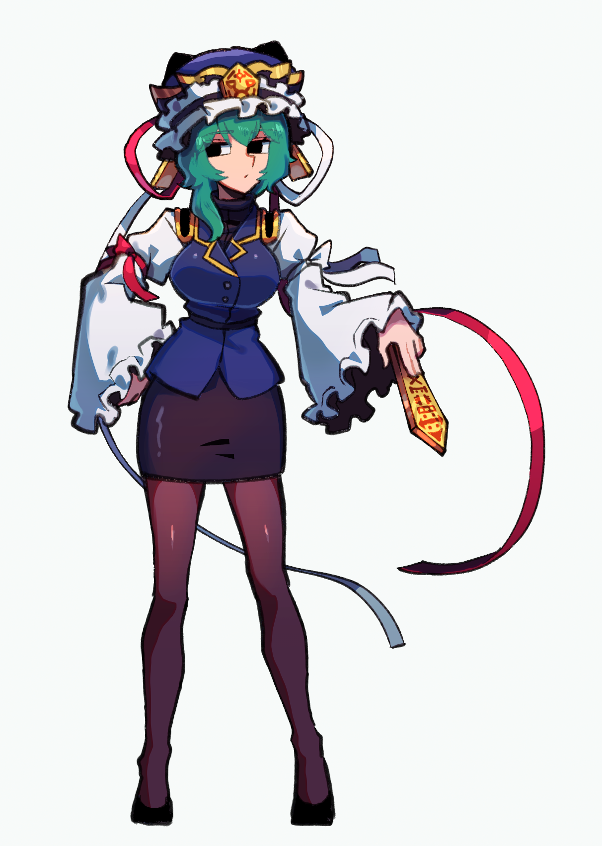 1girl black_eyes black_pantyhose black_shoes black_skirt blue_hat blue_vest breasts closed_mouth frilled_hat frills full_body green_hair hair_between_eyes hat high_heels highres iganashi1 juliet_sleeves large_breasts long_sleeves miniskirt pantyhose pencil_skirt puffy_sleeves rod_of_remorse shiki_eiki shirt shoes short_hair skirt solo touhou vest white_background white_shirt
