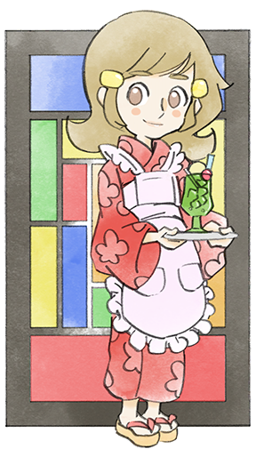 1girl 5-volt apron blush brown_eyes brown_hair drink floral_print holding holding_tray japanese_clothes long_hair looking_at_viewer nintendo official_art pink_apron smile takeuchi_kou third-party_source tray warioware warioware:_get_it_together!