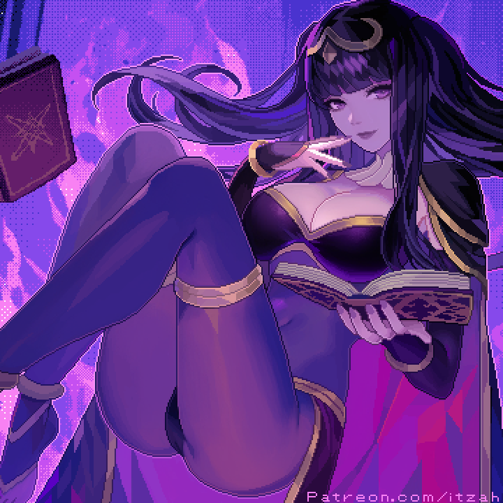 1girl ass black_hair blunt_bangs bodystocking book bracelet breasts bridal_gauntlets cape circlet cleavage fire_emblem fire_emblem_awakening floating itzah jewelry large_breasts long_hair looking_at_viewer nail_polish navel nintendo pixel_art purple_eyes see-through_clothes smile solo tharja_(fire_emblem) tiara two_side_up