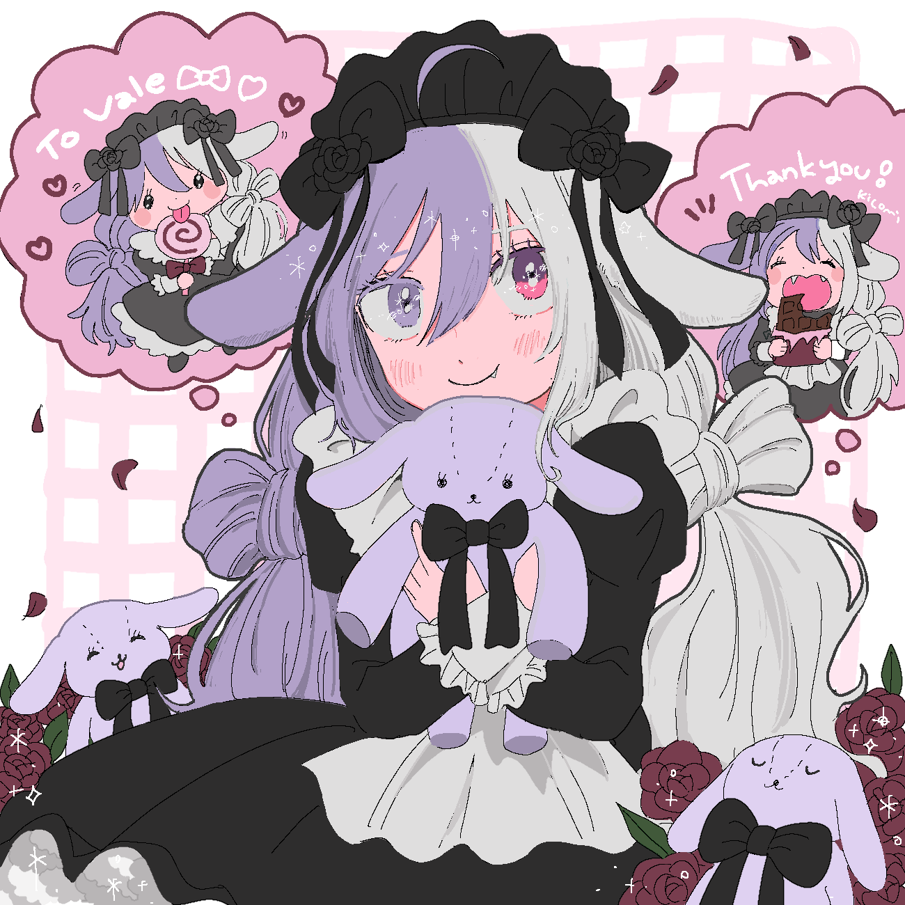 1girl animal_ears apron black_dress black_headdress border borrowed_character bow-shaped_hair candy chibi chibi_inset circle_skirt closed_mouth colored_eyelashes commission commissioner_name crossed_wrists double-parted_bangs dress droopy_ears falling_petals fang fang_out flower food grey_hair grid_background hair_between_eyes hands_up happy highres holding holding_stuffed_toy juliet_sleeves kicomichan light_blush lollipop long_hair long_sleeves looking_to_the_side maid_headdress mismatched_eyelashes multicolored_hair original outside_border petals pink_eyes puffy_sleeves purple_eyes purple_hair purple_petals red_flower red_rose rose second-party_source sentient_stuffed_toy sideways_glance signature skeb_commission smile sparkle speech_bubble split-color_hair spoken_character stuffed_animal stuffed_rabbit stuffed_toy swirl_lollipop thank_you thought_bubble twintails two-handed upper_body w_arms white_border white_sleeve_cuffs