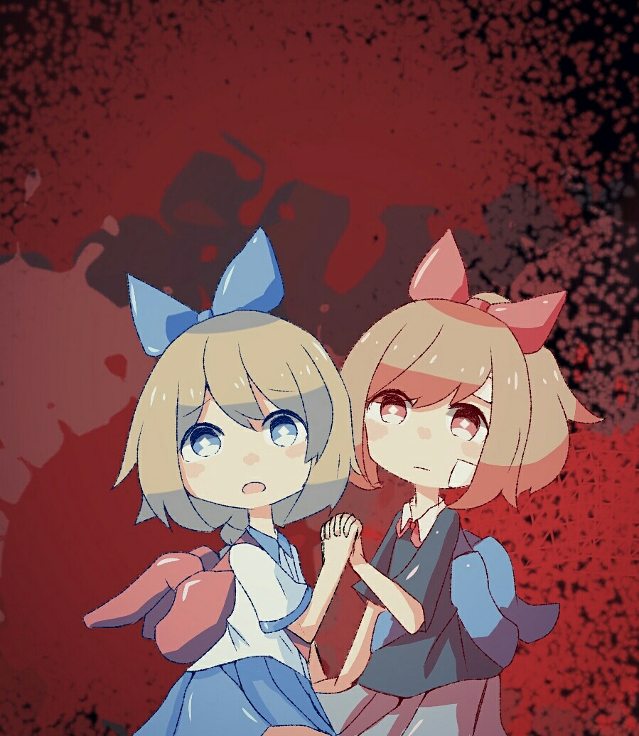 2girls asteroid_(pixiv_id_26958862) bad_id bad_pixiv_id bag black_shirt blue_eyes blue_ribbon hair_ribbon haru_(yomawari) holding_hands looking_at_viewer multiple_girls pleated_skirt ponytail red_background red_eyes red_ribbon ribbon scared school_uniform shin_yomawari shirt short_hair short_sleeves shoulder_bag skirt white_shirt yomawari_(series) yui_(yomawari)