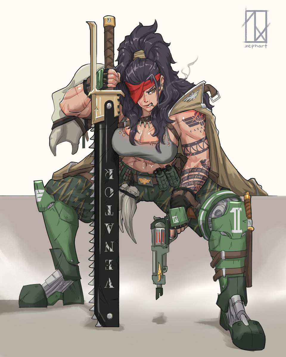 1girl abs arm_tattoo armor artist_logo artist_name astra_militarum black_hair blonde_hair breasts camouflage camouflage_pants catachan_jungle_fighter chainsword charm_(object) cigarette coat explosive eyepatch fang fingerless_gloves gloves greaves grenade gun handgun highres knife large_breasts logo long_hair muscular muscular_female pants pauldrons ponytail prosthesis prosthetic_leg revolver scar scar_on_arm scar_on_face shoulder_armor shoulder_tattoo single_pauldron sitting skull smile smoking solo tank_top tattoo thick_thighs thighs warhammer_40k weapon zephart