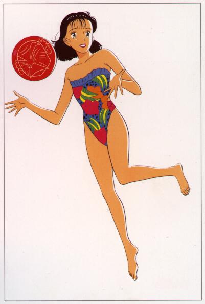 1990s_(style) 1girl ball bare_arms bare_legs bare_shoulders barefoot black_hair brown_eyes casual_one-piece_swimsuit collarbone female_focus highleg highleg_one-piece_swimsuit inokuma_yawara lipstick makeup one-piece_swimsuit retro_artstyle solo strapless strapless_one-piece_swimsuit swimsuit yawara_a_fashionable_judo_girl