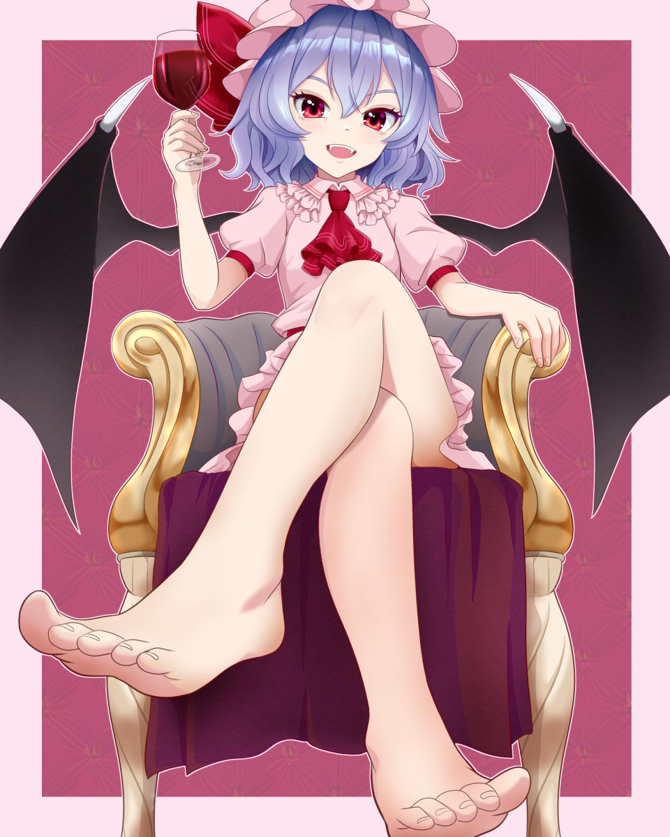 1girl bare_legs barefoot bat_wings chair commentary_request crossed_legs cup drinking_glass fangs feet foot_focus foreshortening hair_between_eyes highres kisaragi_koushi legs looking_at_viewer medium_hair open_mouth purple_hair red_eyes remilia_scarlet revision simple_background sitting solo toenails toes touhou vampire wine_glass wings