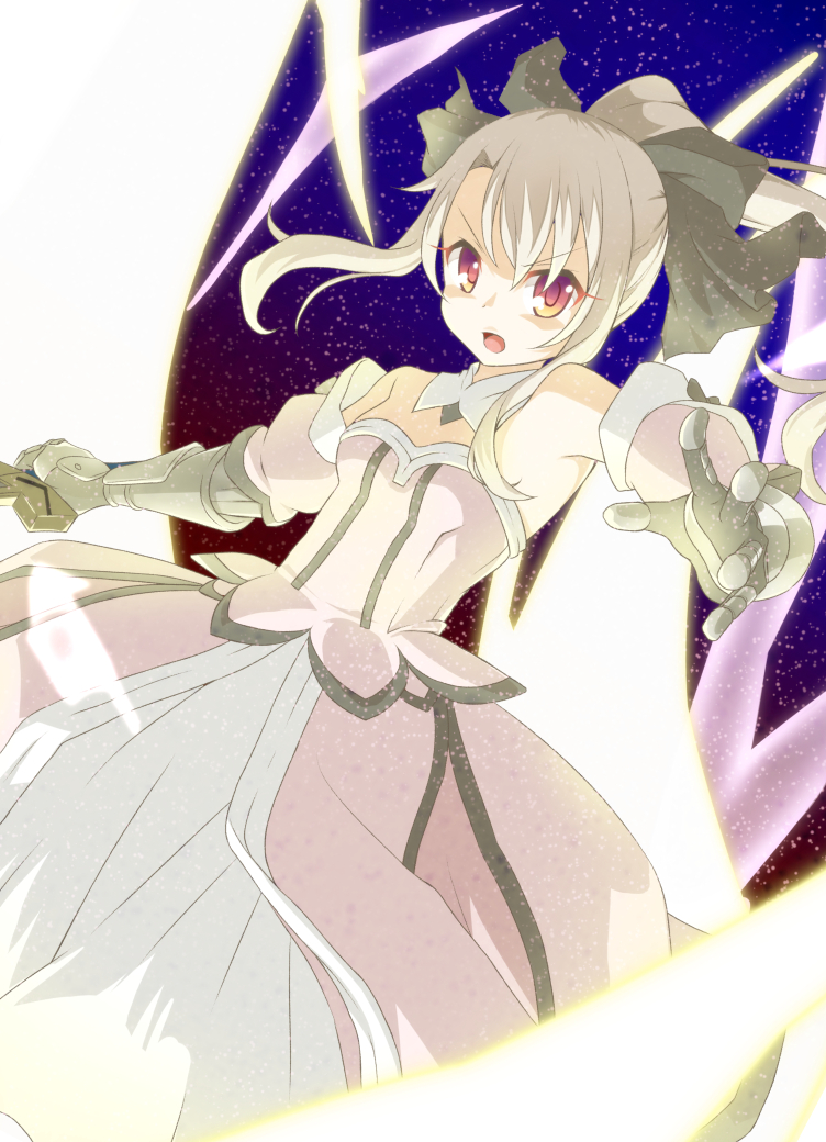 bodysuit dres fate/grand_order fate_(series) illya_(saber_install) illyasviel_von_einzbern long_hair ponytail red_eyes sword warrior weapon white_hair