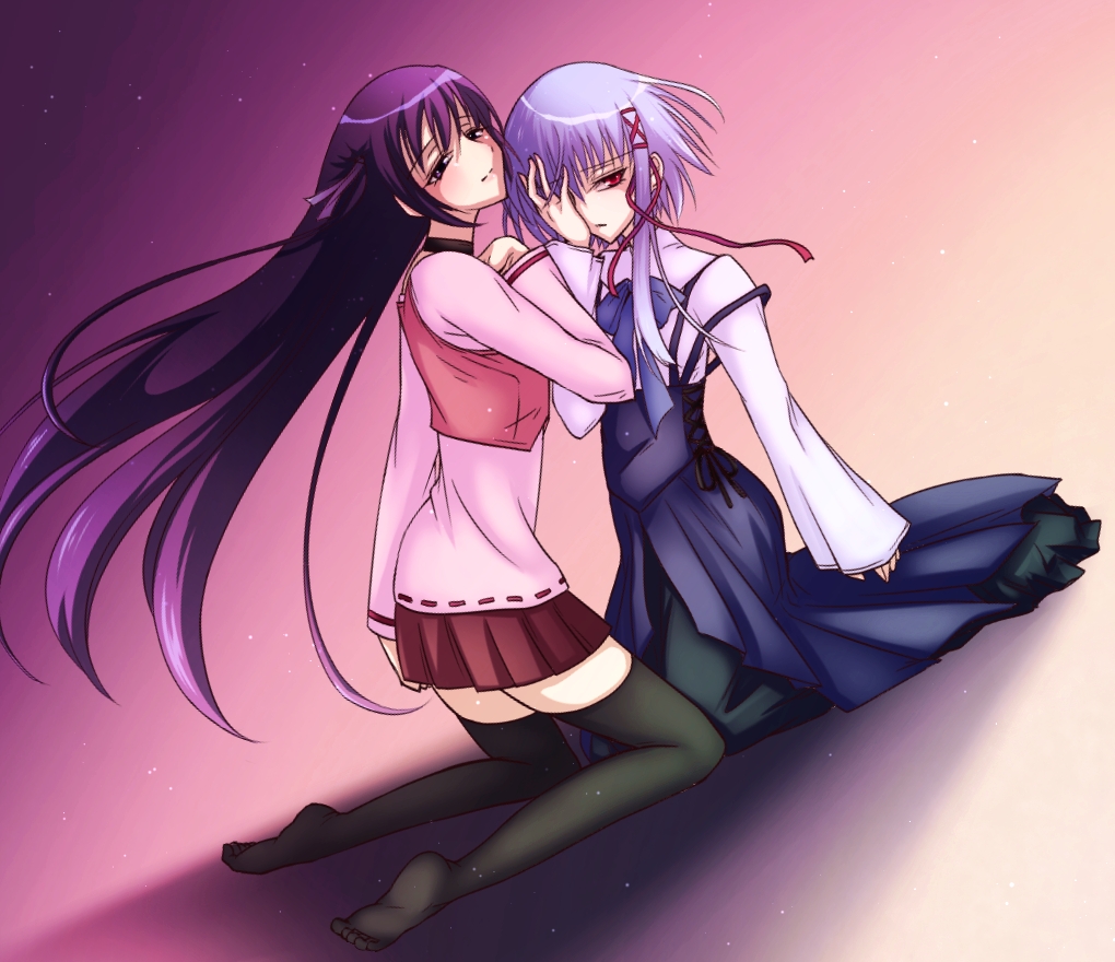 00s 2girls bad_id bad_pixiv_id black_legwear bow choker dress dutch_angle eteraito expressionless feet kneeling long_hair morimiya_aono multiple_girls night night_sky no_headwear no_headwear purple_eyes purple_hair red_eyes shihou_matsuri short_hair short_hair_with_long_locks silver_hair skirt sky sola thighhighs very_long_hair zettai_ryouiki