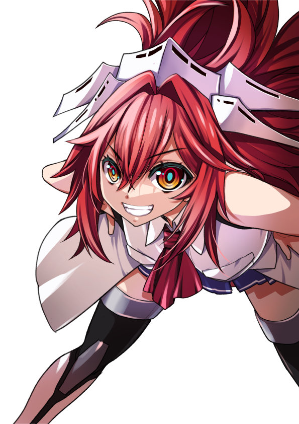 1girl ascot black_thighhighs blue_skirt breast_pocket commentary_request feet_out_of_frame grin hands_on_own_hips headgear kagesaki_yuna kantai_collection leaning_forward long_hair looking_at_viewer overskirt phoenix_(kancolle) pocket red_ascot red_eyes red_hair simple_background skirt sleeveless sleeveless_jacket smile solo thighhighs white_background