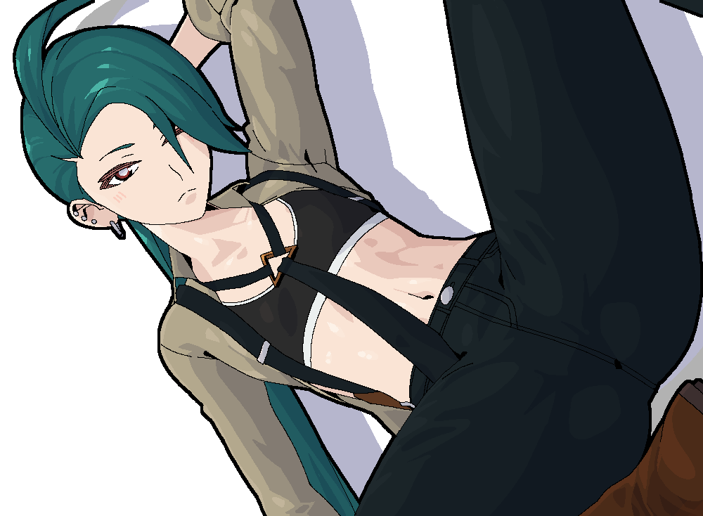 1girl aliasing blush dutch_angle ear_piercing flat_chest green_hair hair_over_one_eye lireslol long_hair looking_at_viewer midriff navel nintendo open_clothes open_shirt piercing pokemon pokemon_sv red_eyes rika_(pokemon) sitting solo sports_bra spread_legs